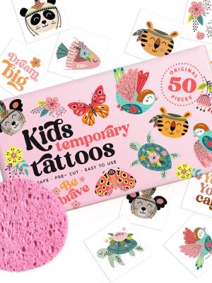 Kids Temporary Tattoos - Hypoallergenic, Pre-Cut, 50 Designs with Sea World, Butterflies, Animals, Flowers - Perfect Gift for Boys and Girls